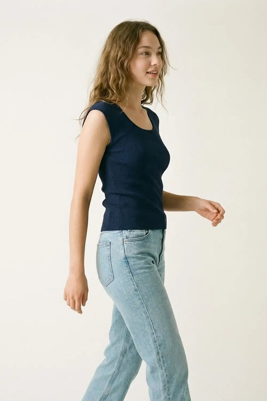 Navy Ribbed Sleeveless Knit Top for Layering - One Size / Blue