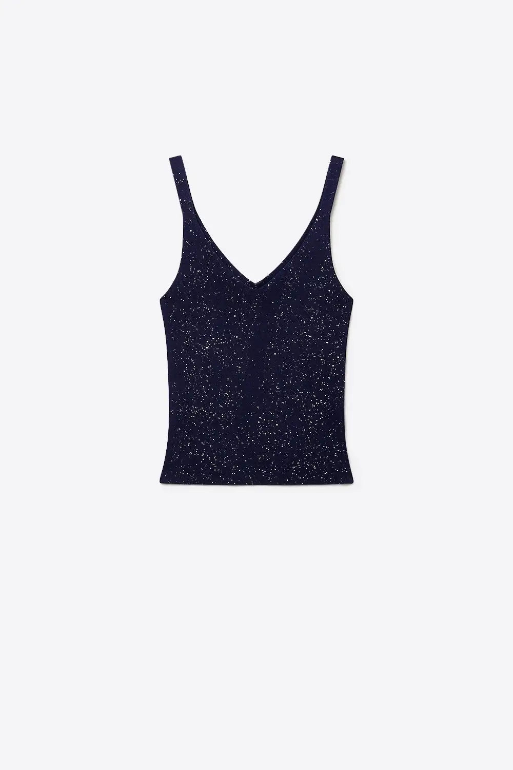 Q2 Navy Shiny Glitter Ribbed Knit V-Neck Fitted Tank Top