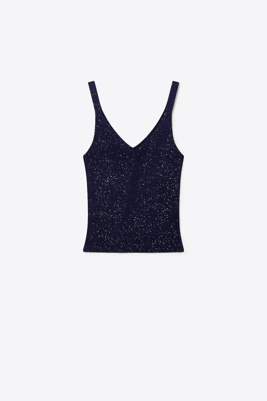 Q2 Navy Shiny Glitter Ribbed Knit V-Neck Fitted Tank Top