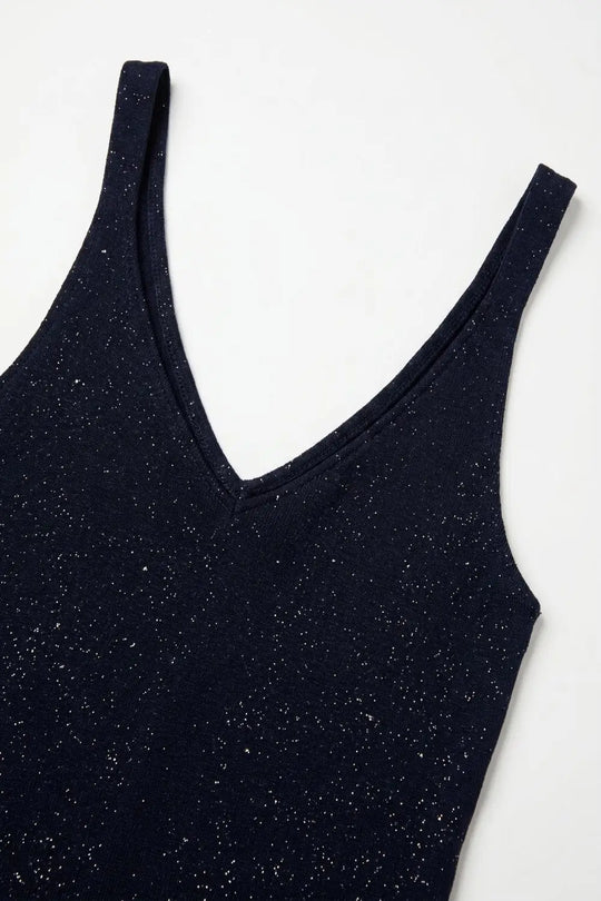 Navy Shiny Glitter Ribbed Knit V-Neck Fitted Tank Top - One Size / Blue