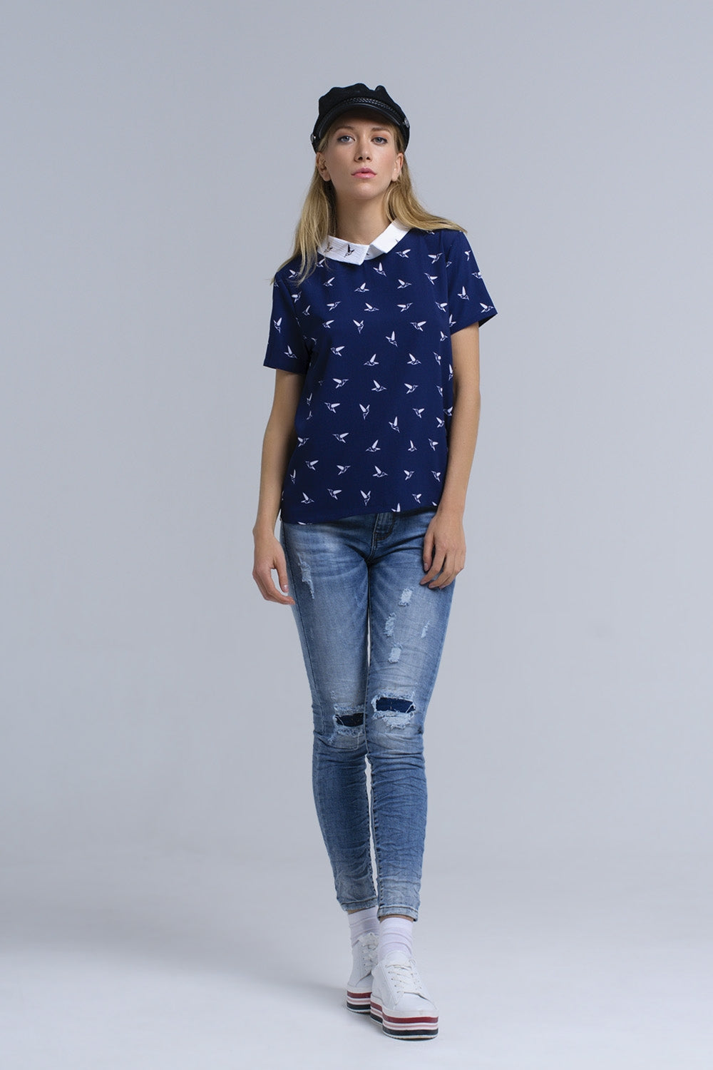 Navy shirt with printed birds