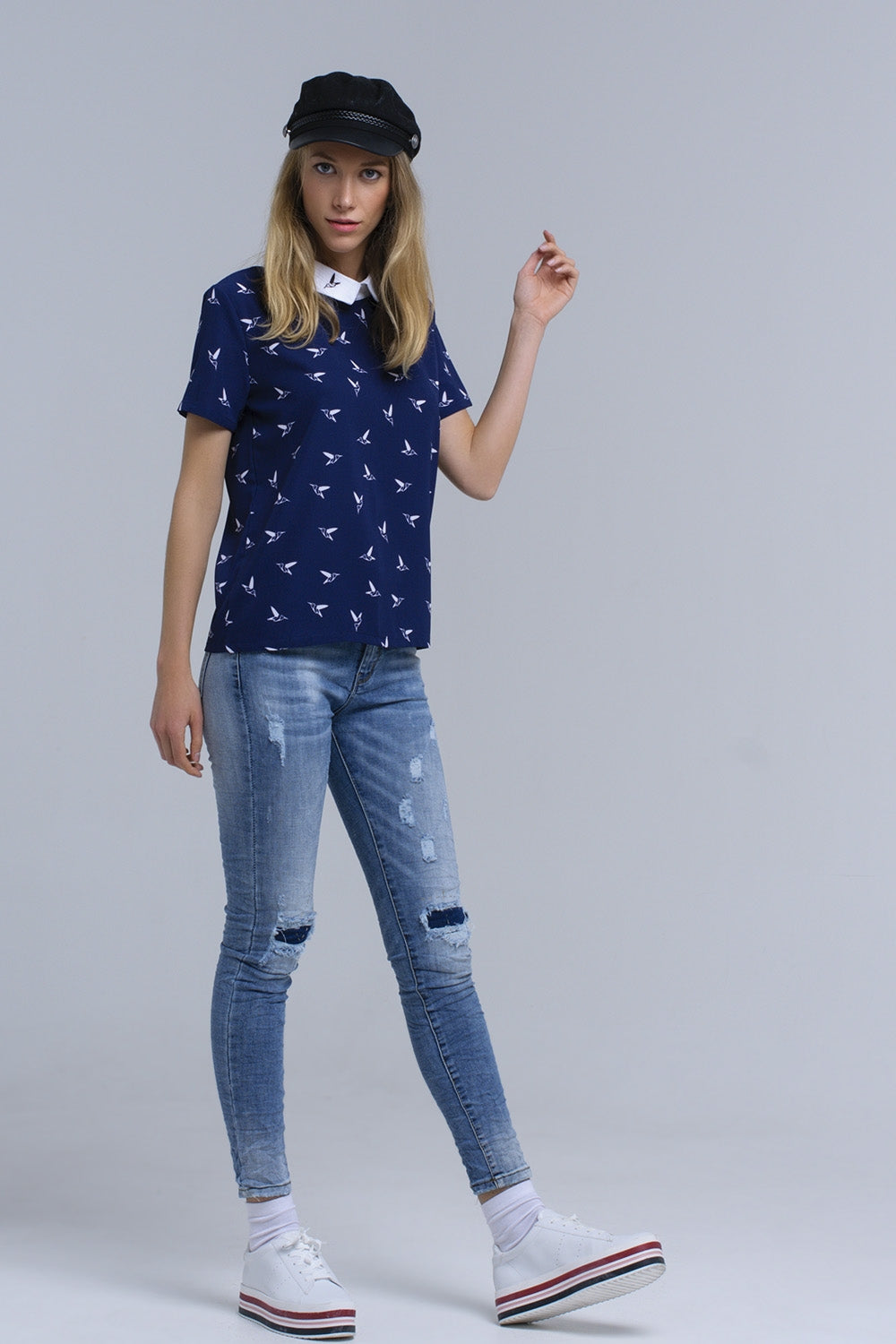 Navy shirt with printed birds