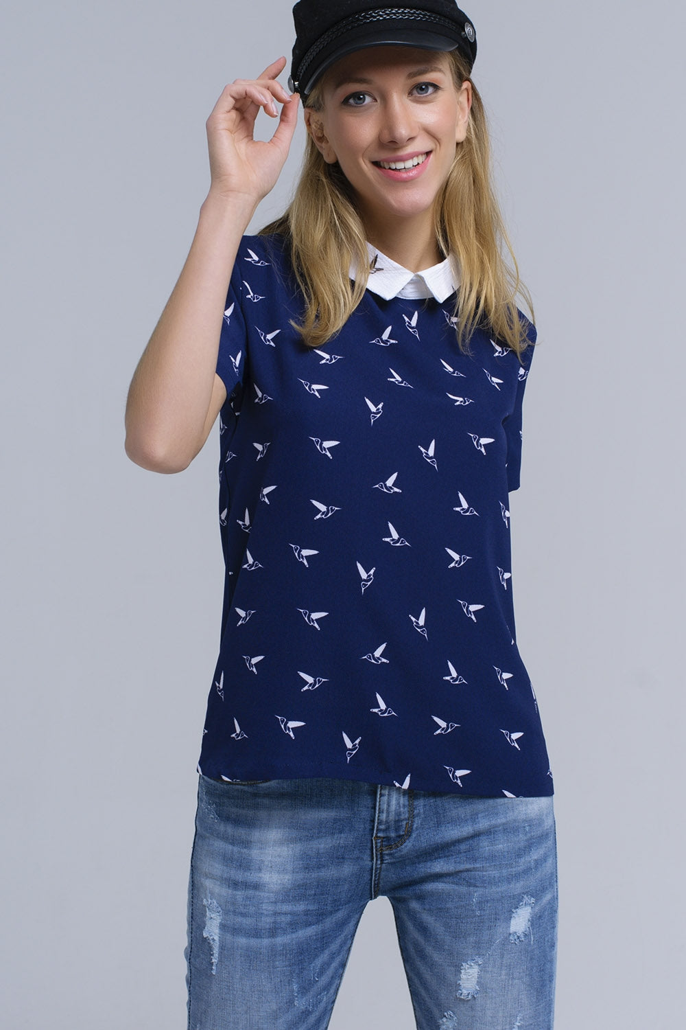 Q2 Navy shirt with printed birds