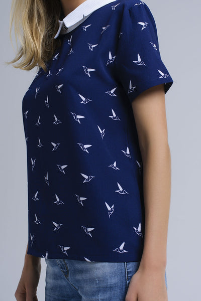 Navy shirt with printed birds