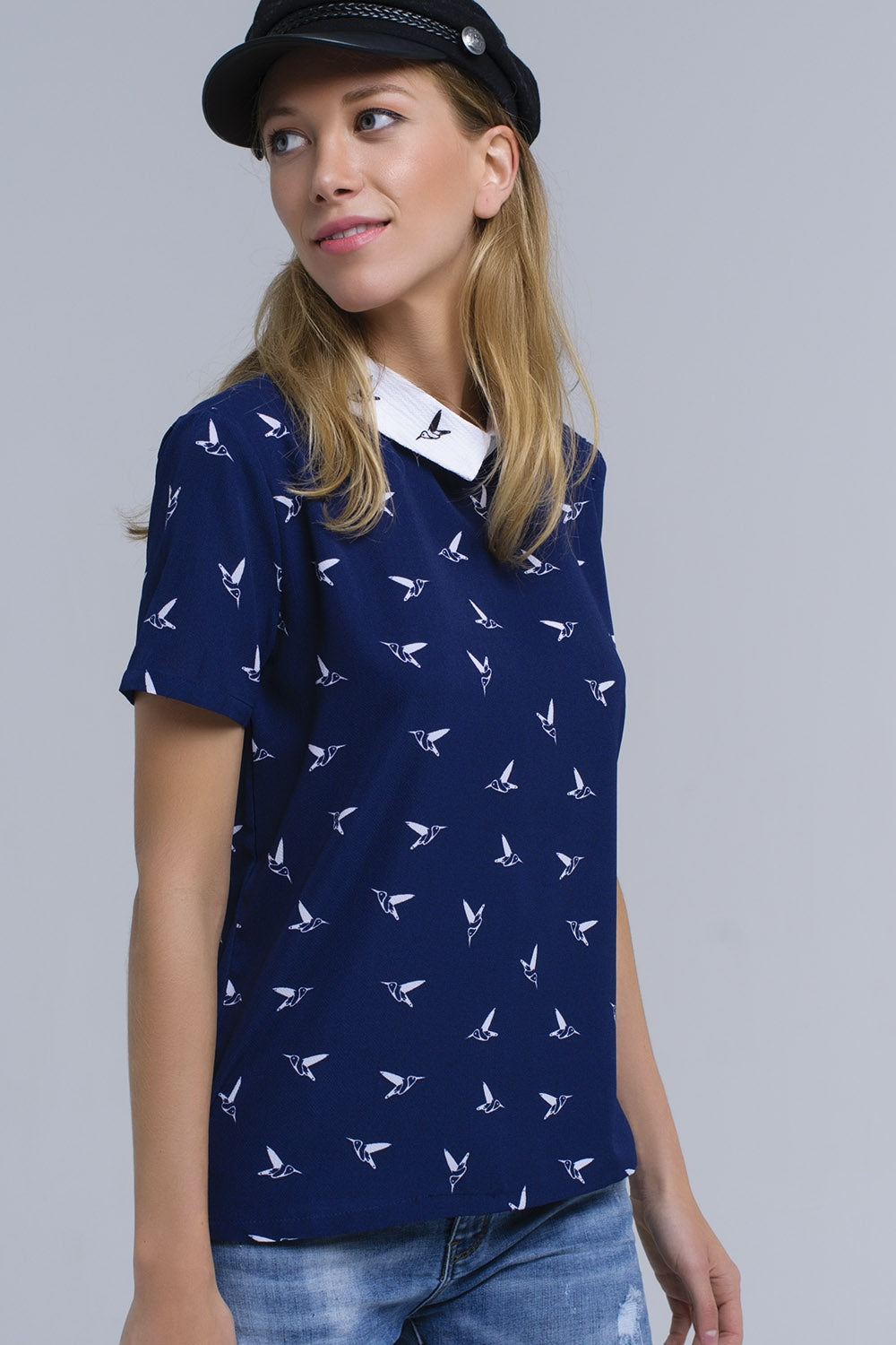 Navy shirt with printed birds