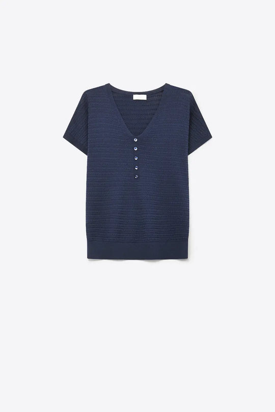 Q2 Navy Short Sleeve lightweight Knit sweater with Button Detail
