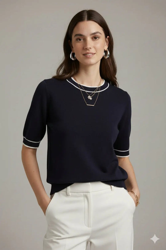 Navy short sleeve sweater with white line detail - One Size / Blue