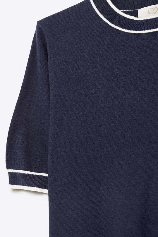 Navy short sleeve sweater with white line detail - One Size / Blue