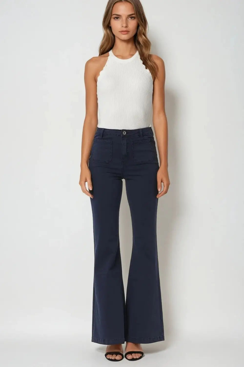 Navy Skinny Flared Jeans With Front Pocket Detail - Pants