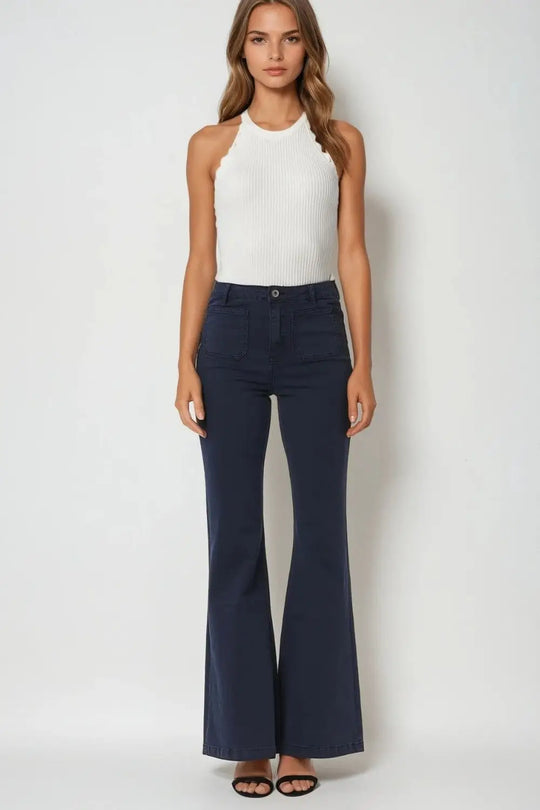 Navy Skinny Flared Jeans With Front Pocket Detail - Pants