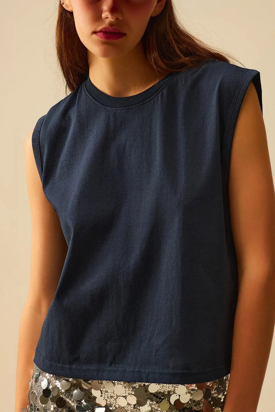 Navy Sleeveless cotton T-shirt - Tops
