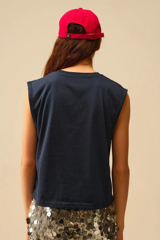 Navy Sleeveless cotton T-shirt - Tops