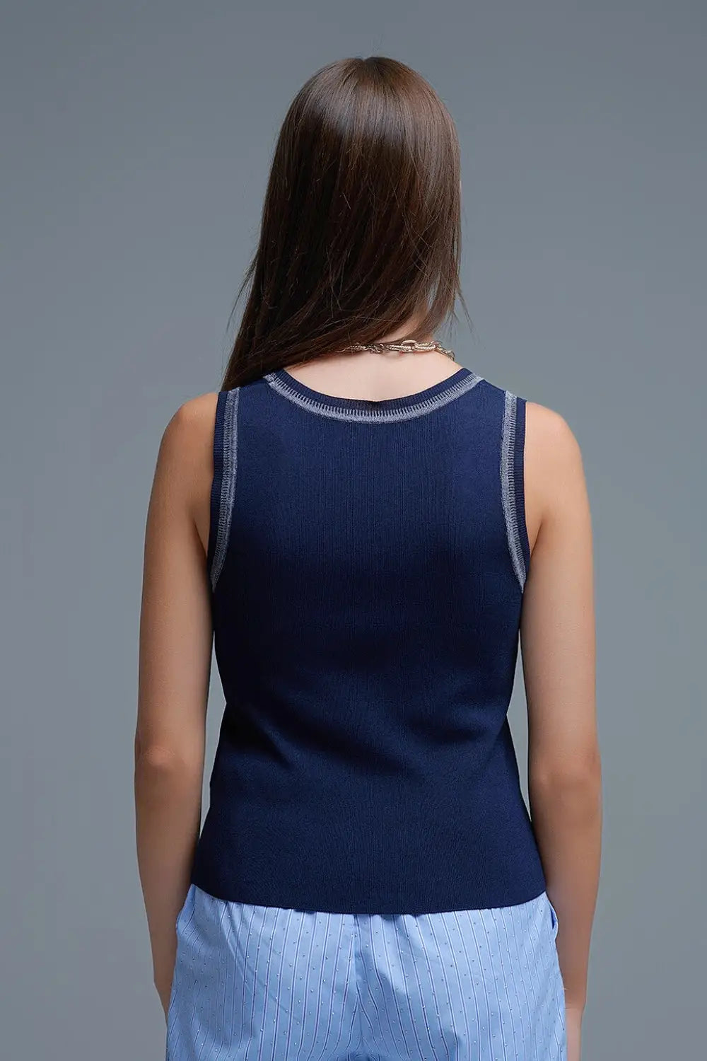 Navy Sleeveless Knit Top with Metallic Trim - One Size / Blue - Tops