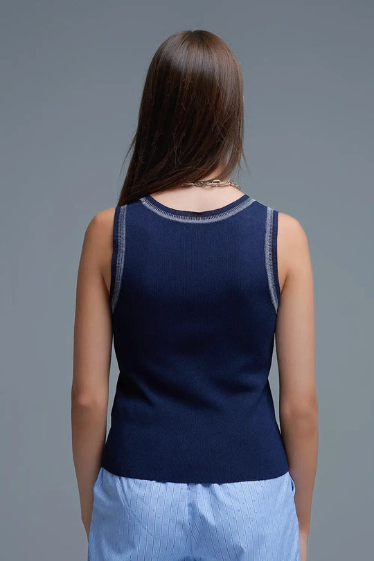 Navy Sleeveless Knit Top with Metallic Trim - One Size / Blue - Tops