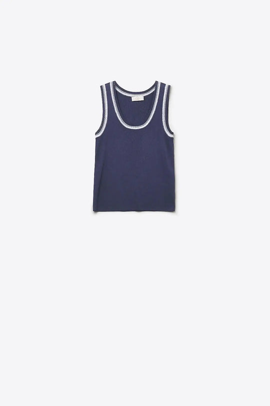 Navy Sleeveless Knit Top with Metallic Trim - One Size / Blue - Tops