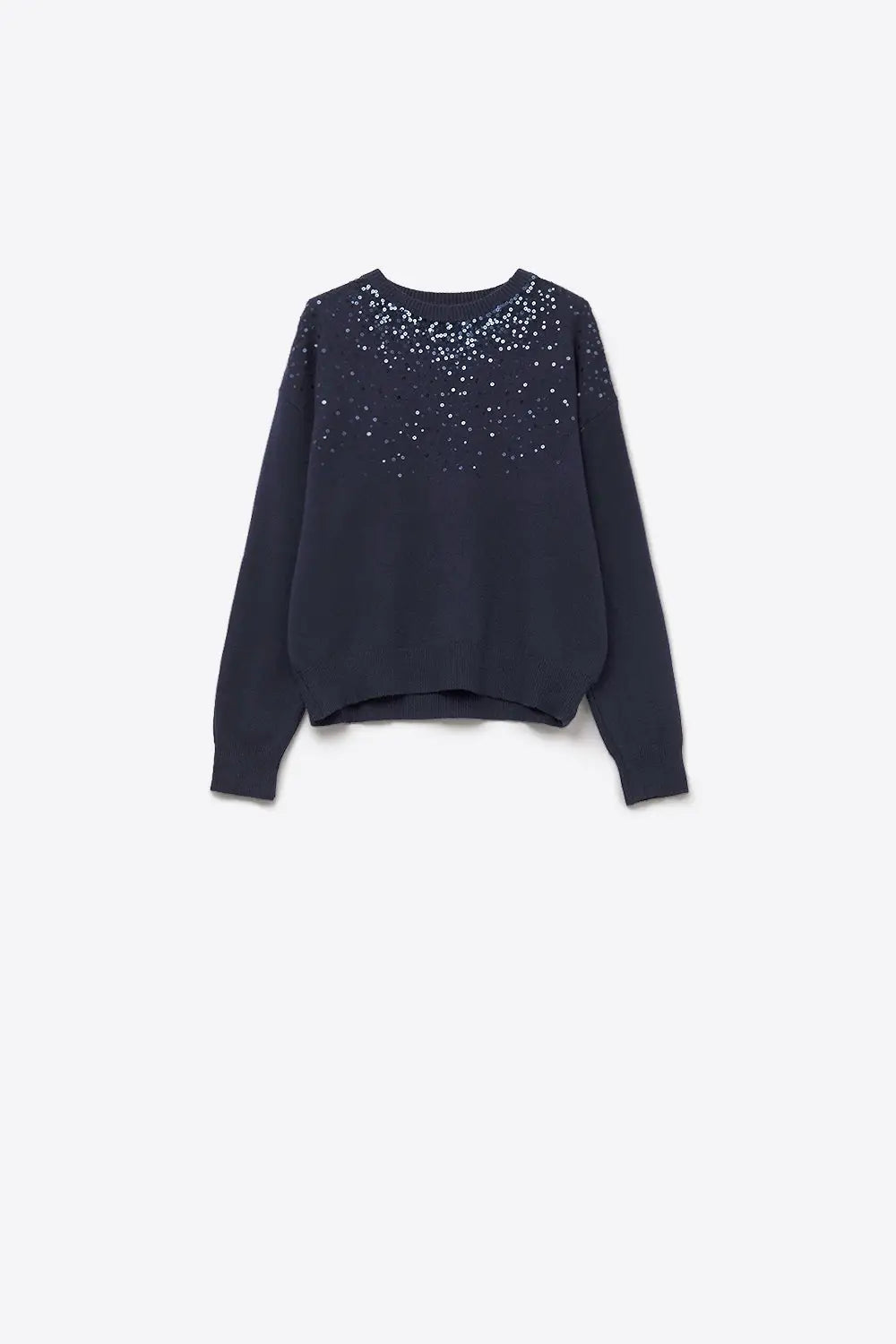 Q2 Navy soft knit sweater embellished with sequins on the front