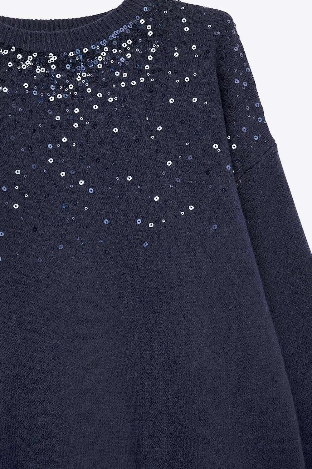 Navy soft knit sweater embellished with sequins on the front - One Size / Blue