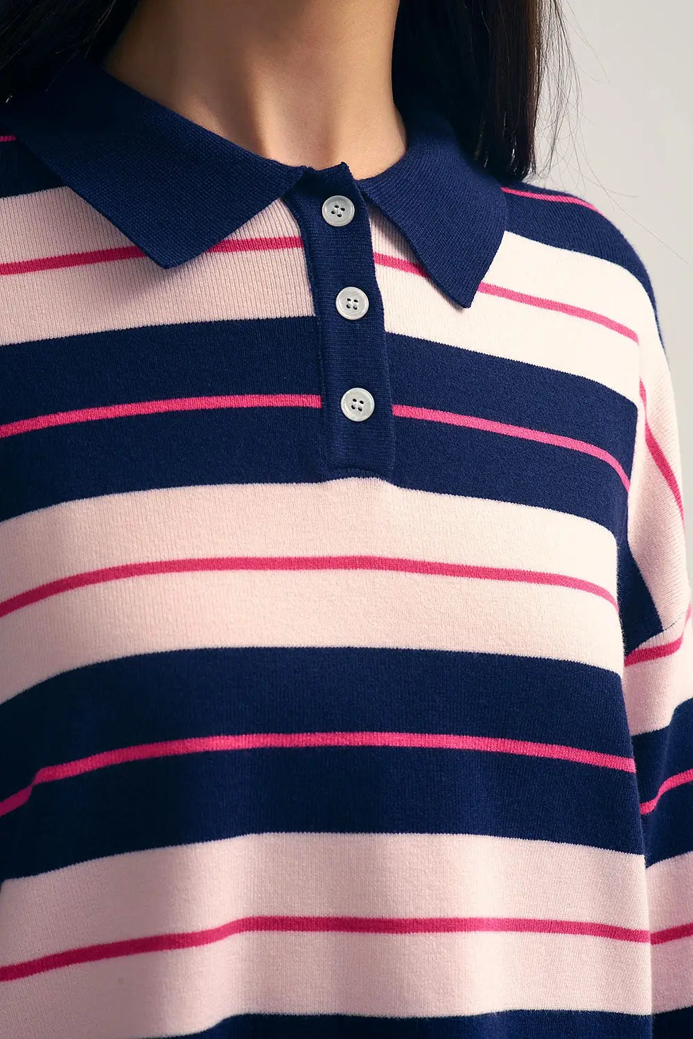 Navy Striped Knit Polo Sweater with Buttoned Collar - One Size / Blue - Sweaters