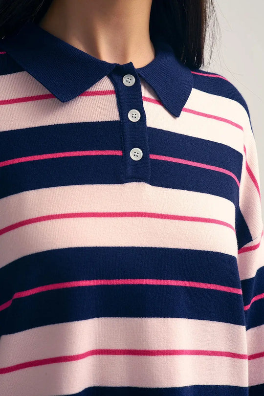 Navy Striped Knit Polo Sweater with Buttoned Collar - One Size / Blue - Sweaters