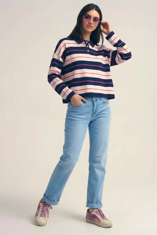Navy Striped Knit Polo Sweater with Buttoned Collar - One Size / Blue - Sweaters