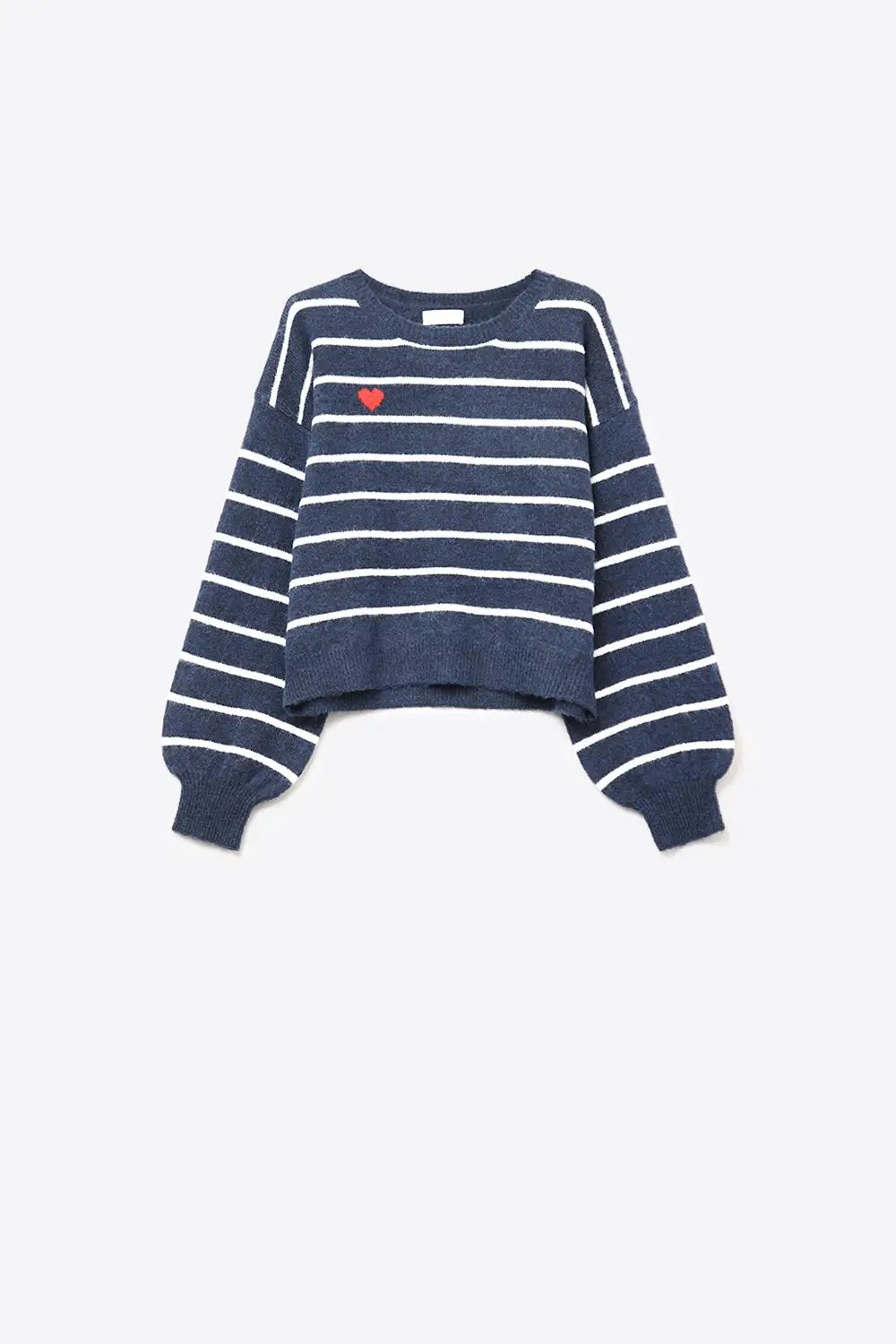 Q2 Navy striped knit sweater with red heart detail