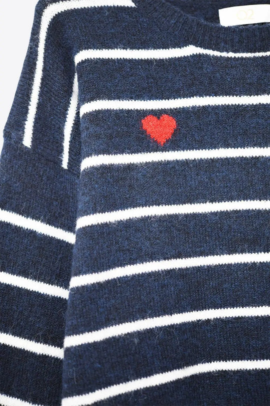 Navy striped knit sweater with red heart detail - One Size / Blue
