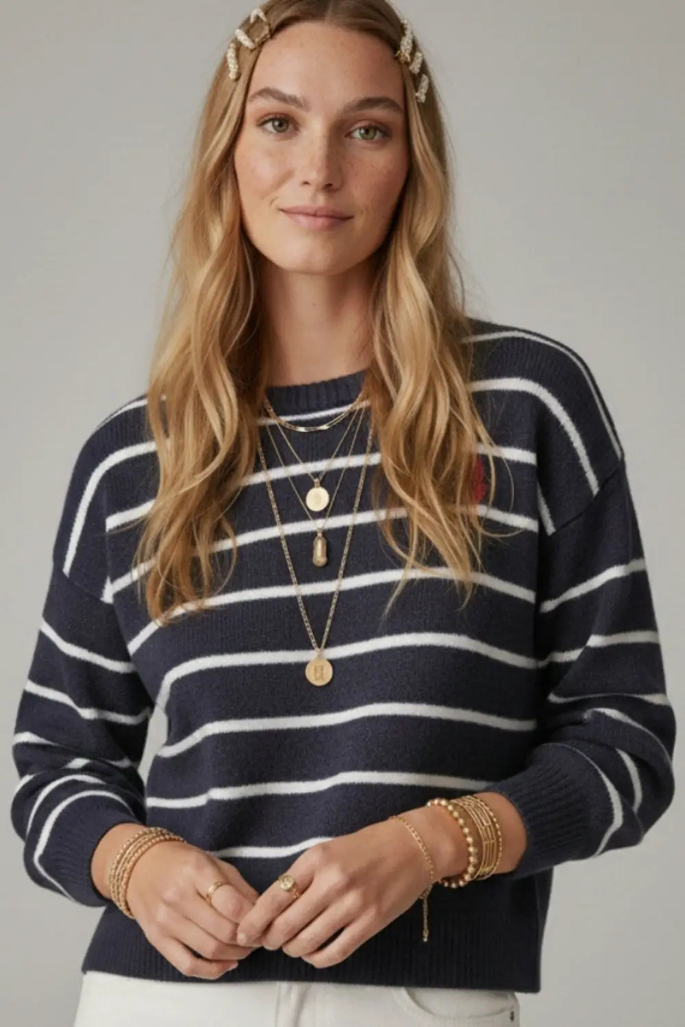 Navy striped knit sweater with red heart detail - One Size / Blue