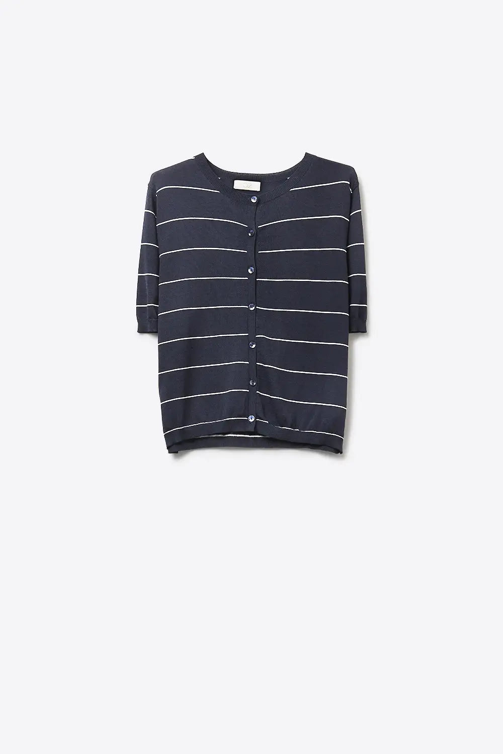 Q2 Navy Striped knitted Short Sleeve Button-Up Cardigan
