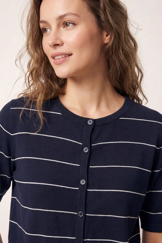 Navy Striped knitted Short Sleeve Button-Up Cardigan - One Size / Blue