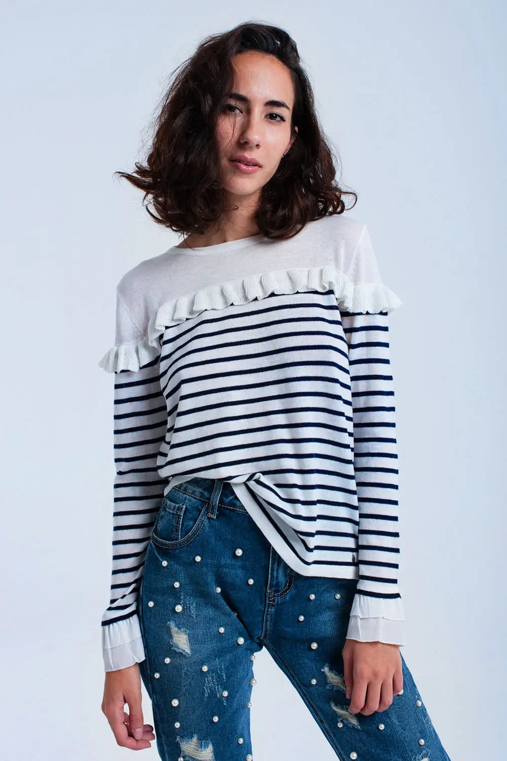 Navy striped sweater with ruffles - Sweaters