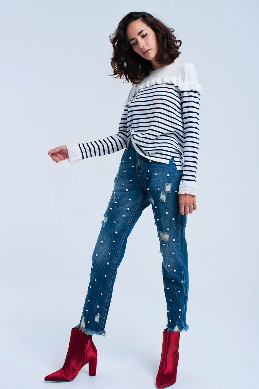 Navy striped sweater with ruffles - Sweaters
