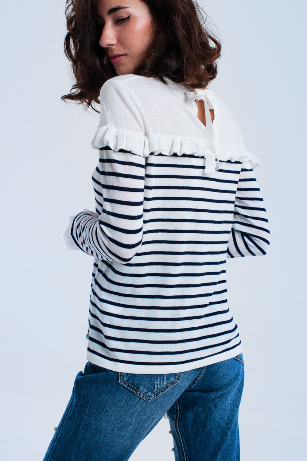 Navy striped sweater with ruffles