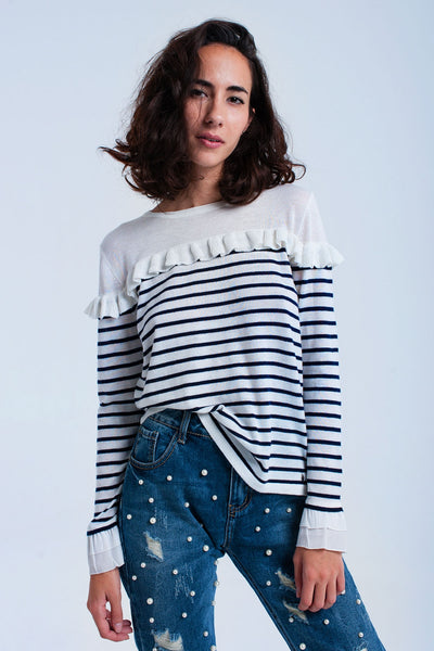 Q2 Navy striped sweater with ruffles