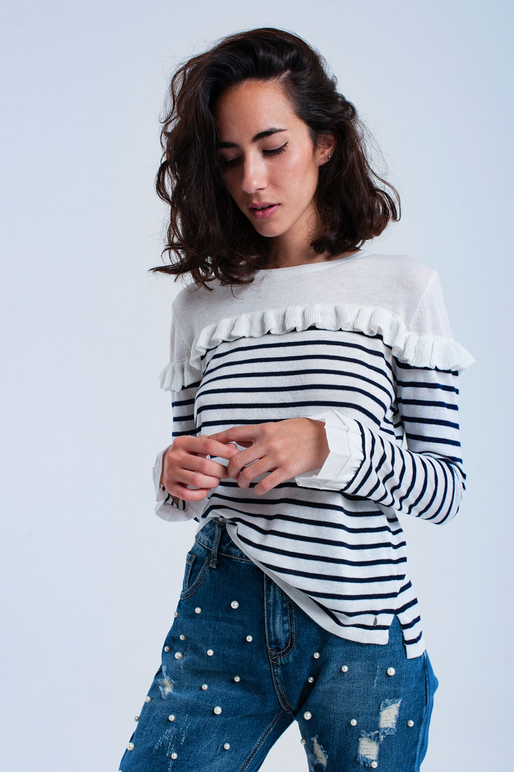 Navy striped sweater with ruffles