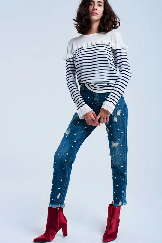 Navy striped sweater with ruffles - Sweaters