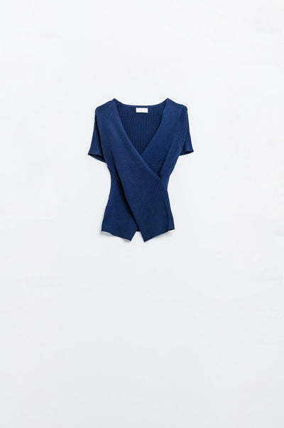 Navy Sweater with Crossed Front and V-neck