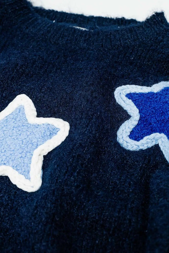 Navy sweater With Embroidered Stars - One Size / Blue - Sweaters