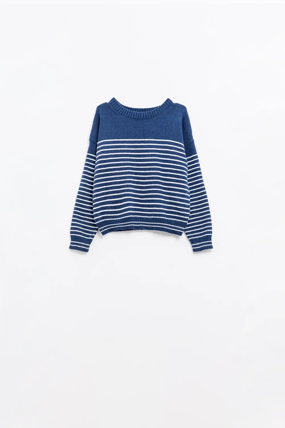 Q2 navy sweater with white stripes and boat neck