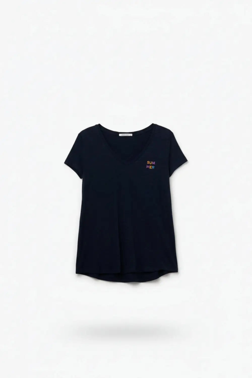 Q2 Navy T-Shirt with Wide Neckline and Text Detail