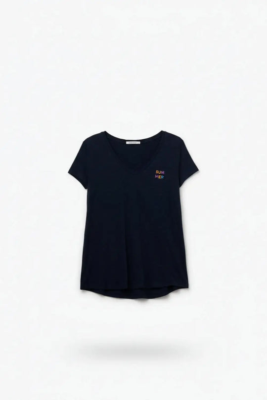 Q2 Navy T-Shirt with Wide Neckline and Text Detail