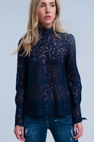 Navy transparent lace shirt - Shirts