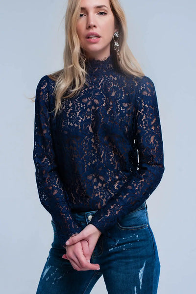 Q2 Navy transparent lace shirt
