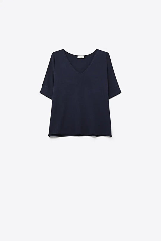 Q2 Navy V-Neck Relaxed Fit Short Sleeve Top