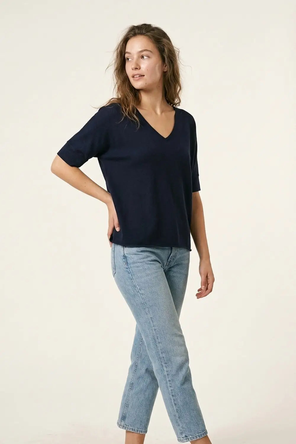 Navy V-Neck Relaxed Fit Short Sleeve Top - One Size / Blue
