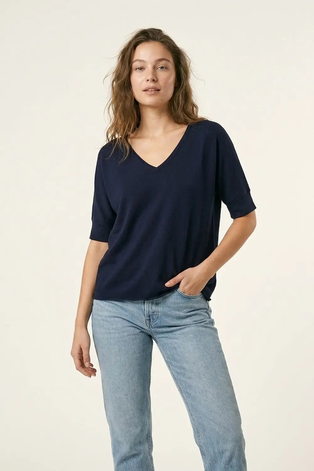 Navy V-Neck Relaxed Fit Short Sleeve Top - One Size / Blue