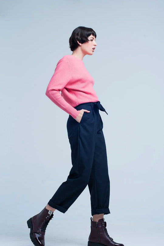 Navy Wide Pants with Bow Tie - Pants