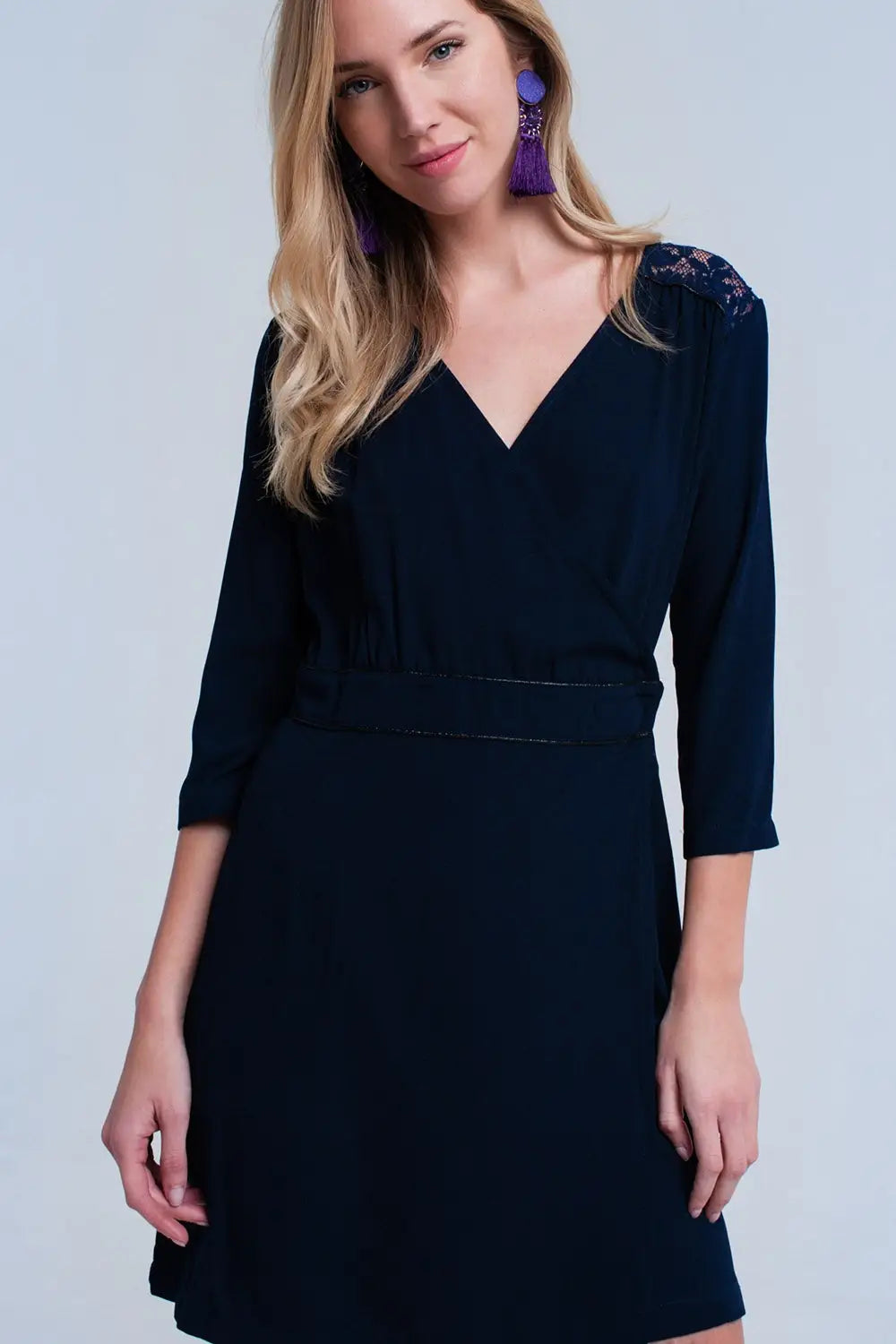 Navy wrap dress with lace detail - Dresses