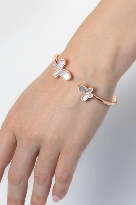 18K Rose Gold &amp; CZ Encrusted Mother Of Pearl Butterfly Women’s Bangel Bracelet Jewelry - Bracelets