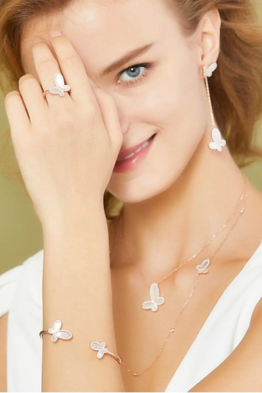 Mother of Pearl w/ 18k Gold &amp; Cubic Zirconia Butterfly Necklace Jewelry
