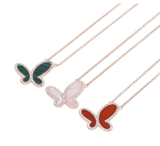 Mother of Pearl w/ 18k Gold &amp; Cubic Zirconia Butterfly Necklace Jewelry